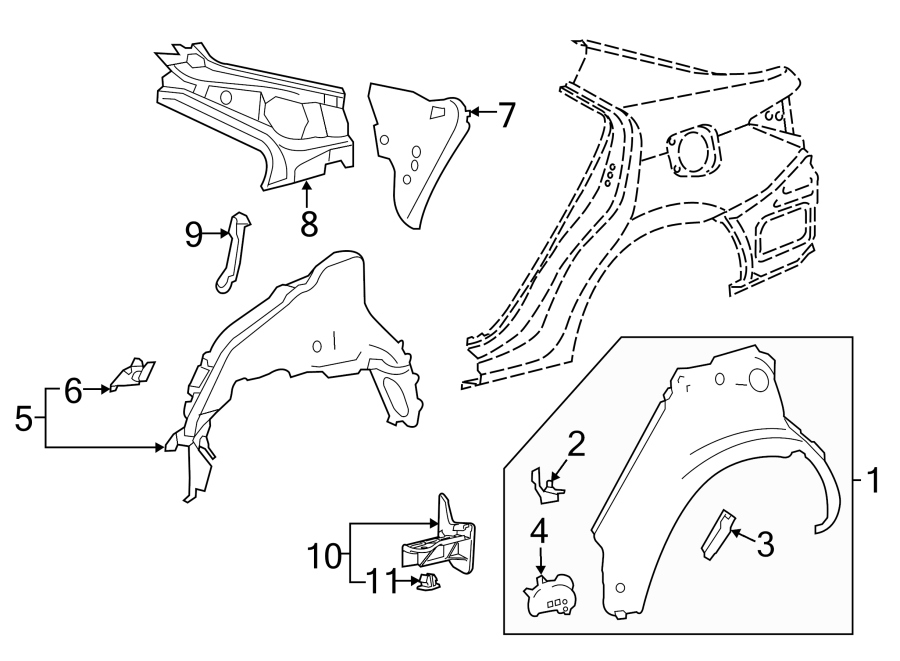 Toyota Corolla Gusset. Outer wheelhouse lower reinforced. Reinforcement ...